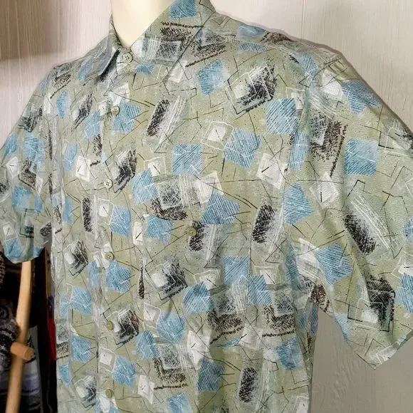 J FERRAR Cool Tones Geometric Abstract Short Sleeve Hawaiian Shirt - Picture 2 of 5